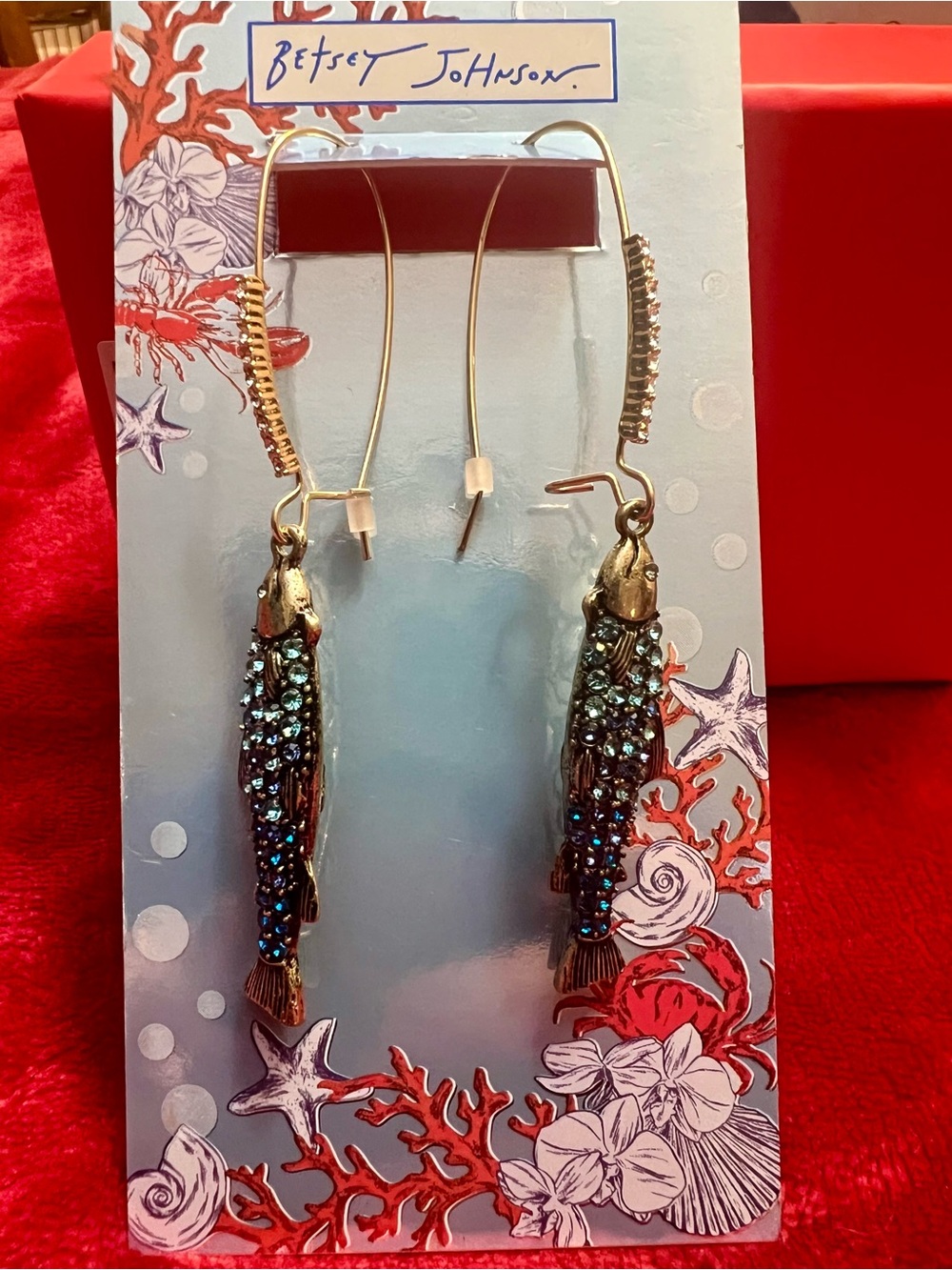 Betsey Johnson Gold Tone with Teal Crystal Earrings